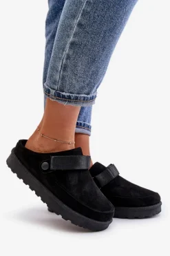 Damskie Kapcie Ocieplane Futerkiem Na Platformie Czarne Azida