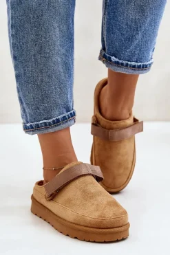 Damskie Kapcie Ocieplane Futerkiem Na Platformie Camel Azida