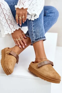 Damskie Kapcie Ocieplane Futerkiem Na Platformie Camel Azida