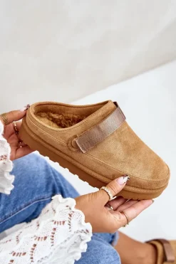 Damskie Kapcie Ocieplane Futerkiem Na Platformie Camel Azida