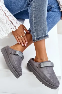 Damskie Kapcie Ocieplane Futerkiem Na Platformie Szare Azida