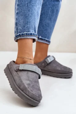 Damskie Kapcie Ocieplane Futerkiem Na Platformie Szare Azida