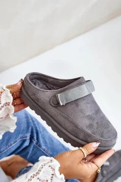 Damskie Kapcie Ocieplane Futerkiem Na Platformie Szare Azida