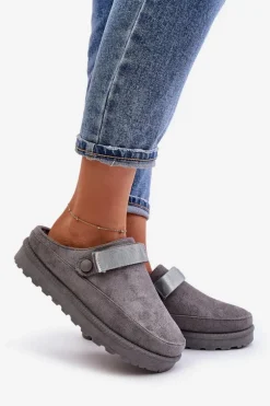 Damskie Kapcie Ocieplane Futerkiem Na Platformie Szare Azida