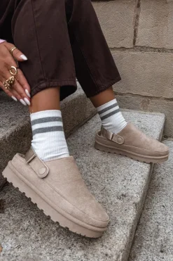 Damskie Kapcie Ocieplane Futerkiem Na Platformie Beżowe Azida