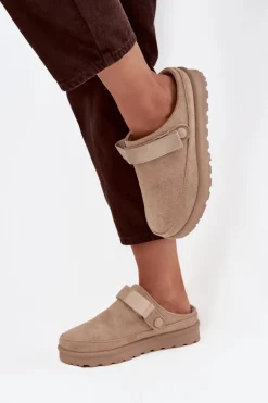 Damskie Kapcie Ocieplane Futerkiem Na Platformie Beżowe Azida