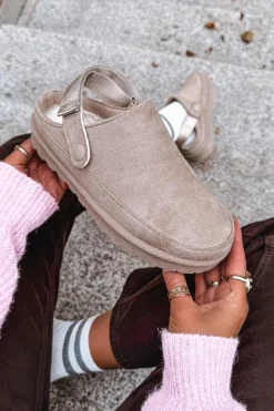 Damskie Kapcie Ocieplane Futerkiem Na Platformie Beżowe Azida