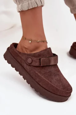 Damskie Kapcie Ocieplane Futerkiem Na Platformie Czekoladowe Azida