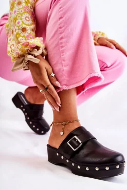 Damskie Klapki Chodaki Na Obcasie Czarne Ivette