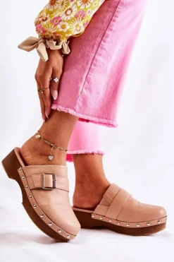 Damskie Klapki Chodaki Na Obcasie Beżowe Ivette