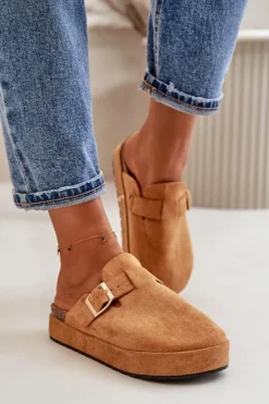 Damskie Klapki Chodaki Na Platformie Ze Złotą Klamrą Camel Terilaina