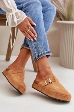 Damskie Klapki Chodaki Na Platformie Ze Złotą Klamrą Camel Terilaina