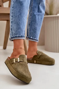 Damskie Klapki Chodaki Na Platformie Ze Złotą Klamrą Ciemnozielone Terilaina