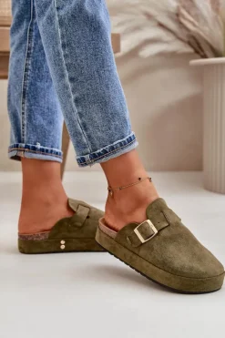 Damskie Klapki Chodaki Na Platformie Ze Złotą Klamrą Ciemnozielone Terilaina