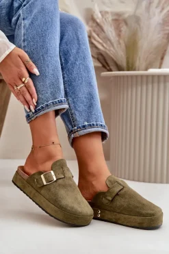 Damskie Klapki Chodaki Na Platformie Ze Złotą Klamrą Ciemnozielone Terilaina