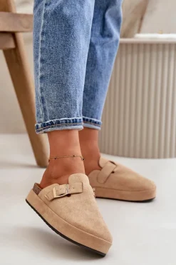 Damskie Klapki Chodaki Na Platformie Ze Złotą Klamrą Ciemnobeżowe Terilaina