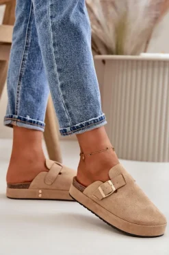 Damskie Klapki Chodaki Na Platformie Ze Złotą Klamrą Ciemnobeżowe Terilaina