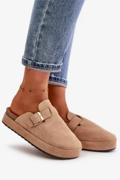 Damskie Klapki Chodaki Na Platformie Ze Złotą Klamrą Ciemnobeżowe Terilaina