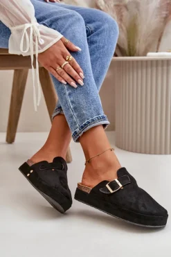 Damskie Klapki Chodaki Na Platformie Ze Złotą Klamrą Czarne Terilaina