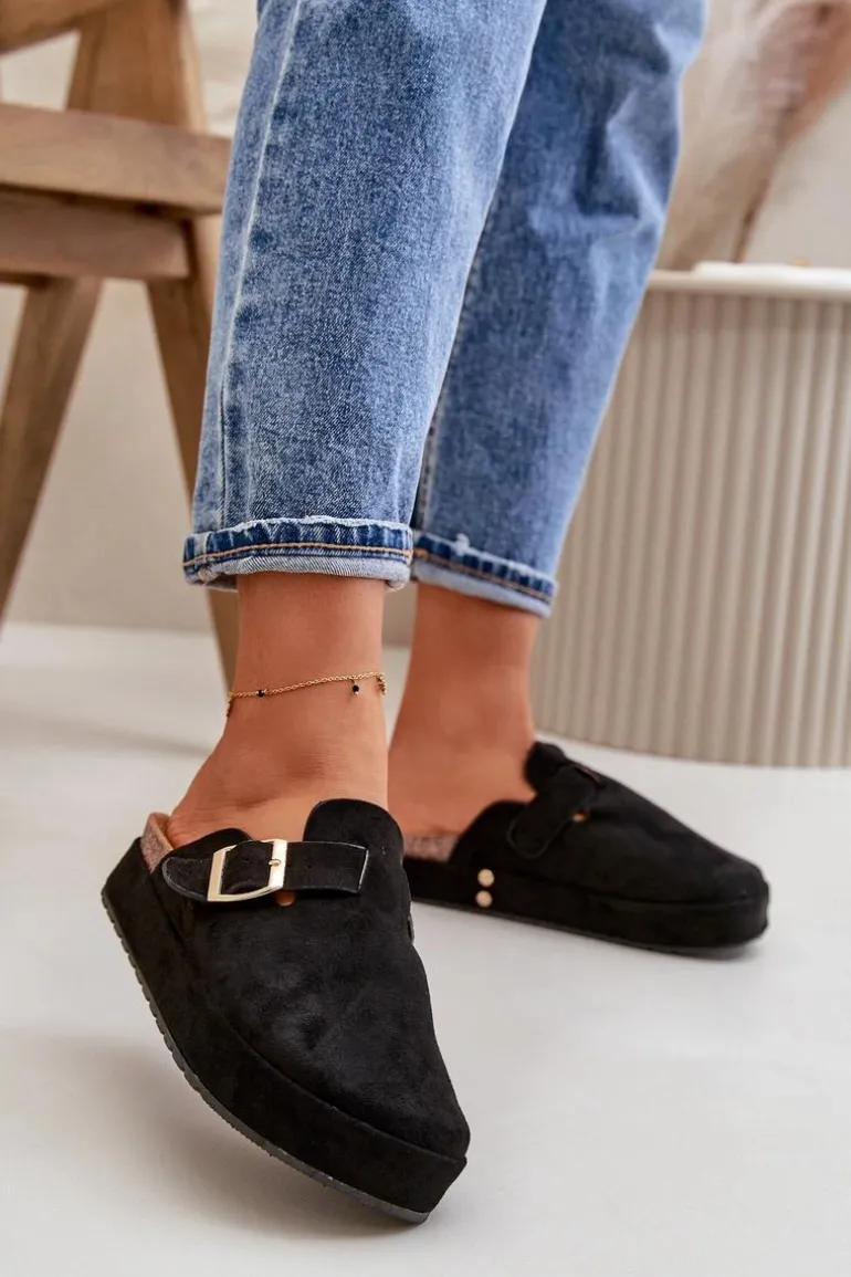 Damskie Klapki Chodaki Na Platformie Ze Złotą Klamrą Czarne Terilaina