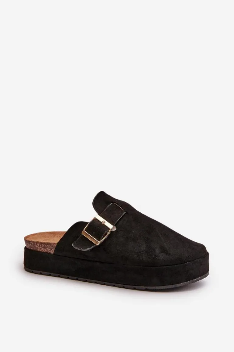 Damskie Klapki Chodaki Na Platformie Ze Złotą Klamrą Czarne Terilaina