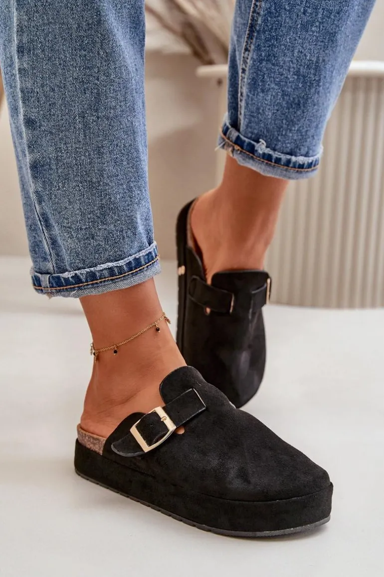 Damskie Klapki Chodaki Na Platformie Ze Złotą Klamrą Czarne Terilaina