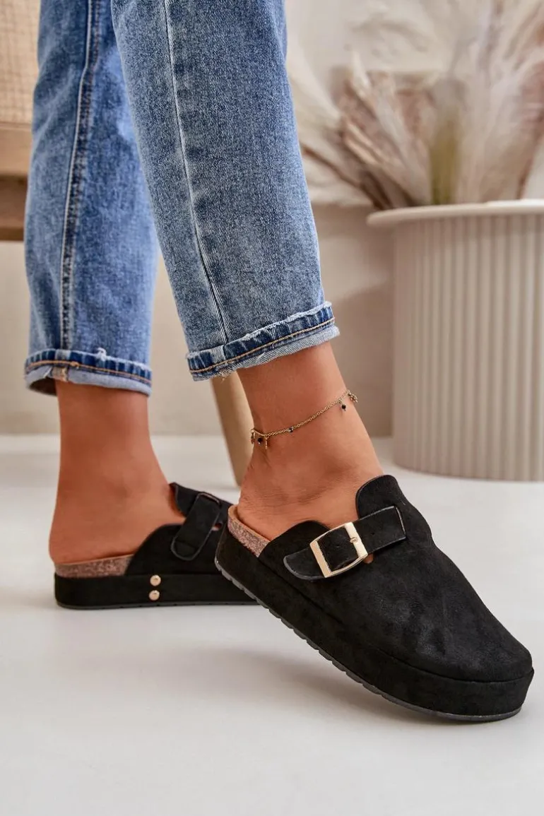 Damskie Klapki Chodaki Na Platformie Ze Złotą Klamrą Czarne Terilaina