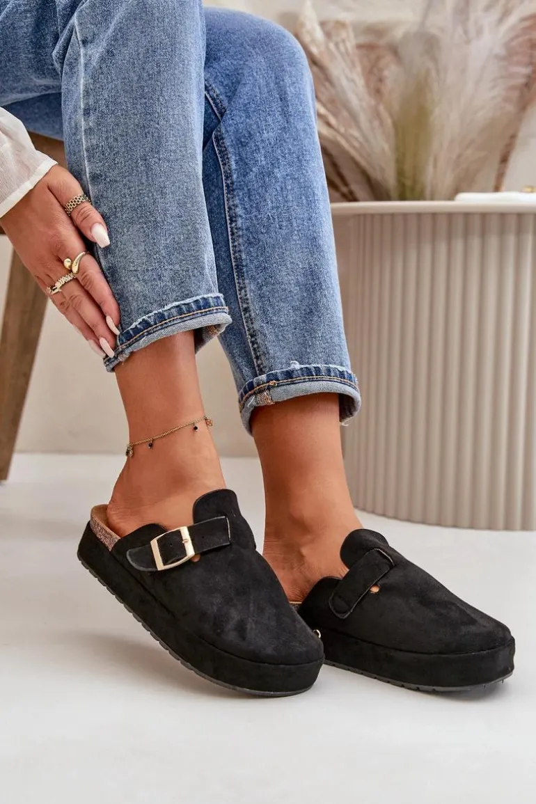 Damskie Klapki Chodaki Na Platformie Ze Złotą Klamrą Czarne Terilaina