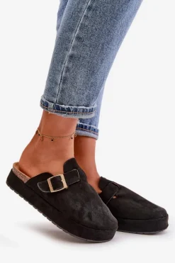 Damskie Klapki Chodaki Na Platformie Ze Złotą Klamrą Czarne Terilaina