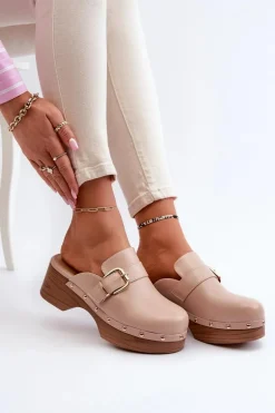 Damskie Klapki Chodaki Z Klamrą Beżowe Seprilla