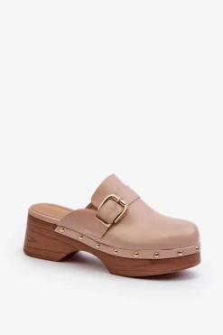 Damskie Klapki Chodaki Z Klamrą Beżowe Seprilla