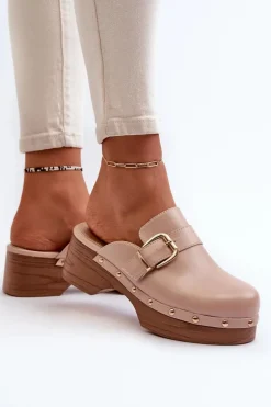 Damskie Klapki Chodaki Z Klamrą Beżowe Seprilla