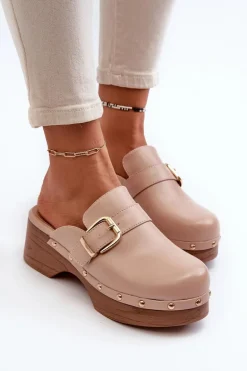 Damskie Klapki Chodaki Z Klamrą Beżowe Seprilla