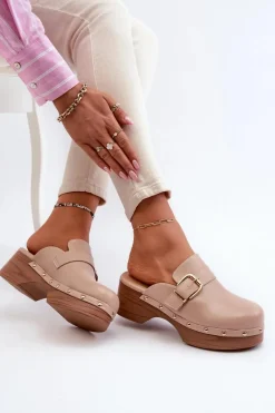 Damskie Klapki Chodaki Z Klamrą Beżowe Seprilla