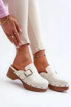 Damskie Klapki Chodaki Z Klamrą Białe Seprilla