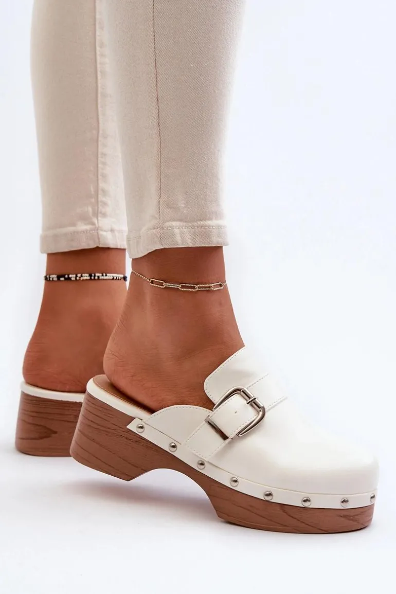 Damskie Klapki Chodaki Z Klamrą Białe Seprilla