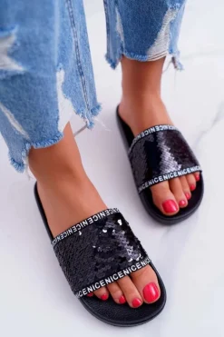 Damskie Klapki Czarne Opalizujące Nice