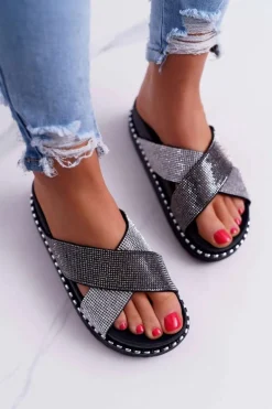 Damskie Klapki Czarne z Kryształkami Belmondo