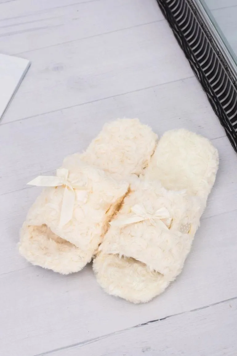 Damskie Klapki Domowe Beżowe Papcie ze Wstążką