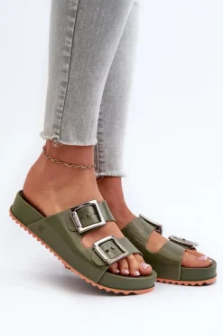 Damskie Klapki Gładkie ZAXY NN285057 Ciemnozielone