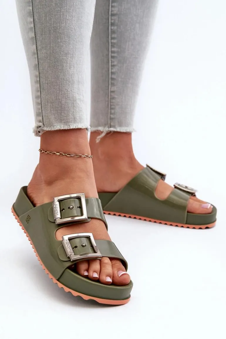 Damskie Klapki Gładkie ZAXY NN285057 Ciemnozielone