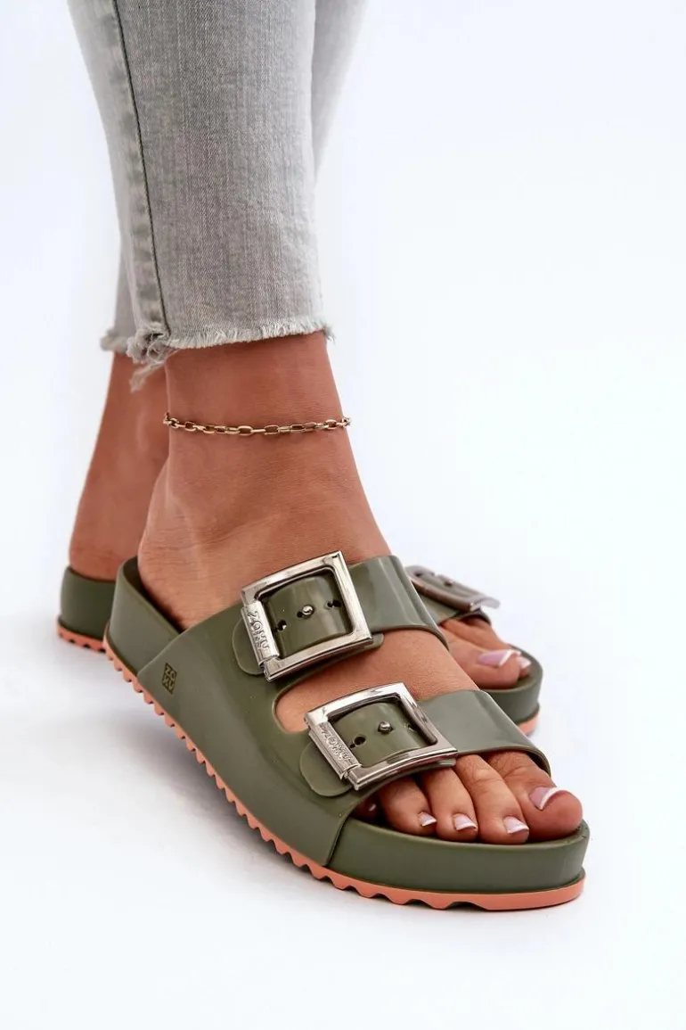 Damskie Klapki Gładkie ZAXY NN285057 Ciemnozielone