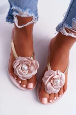 Damskie Klapki Japonki Beżowe Kwiat Brokat Elenda