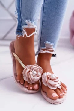 Damskie Klapki Japonki Beżowe Kwiat Brokat Elenda