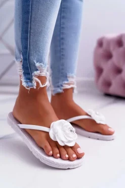 Damskie Klapki Japonki Białe Kwiat Brokat Elenda