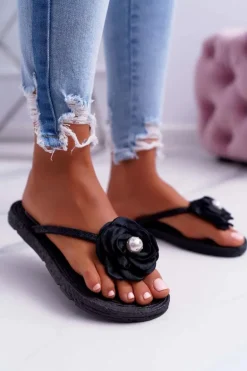 Damskie Klapki Japonki Czarne Kwiat Brokat Elenda