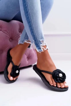 Damskie Klapki Japonki Czarne Kwiat Brokat Elenda