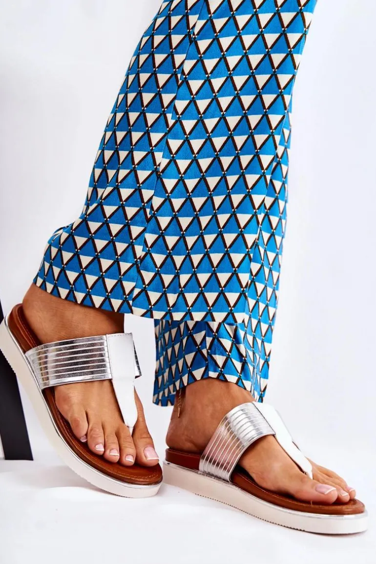 Damskie Klapki Japonki Na Platformie Biało-Srebrne Morissa