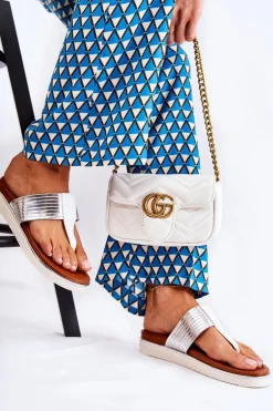 Damskie Klapki Japonki Na Platformie Biało-Srebrne Morissa