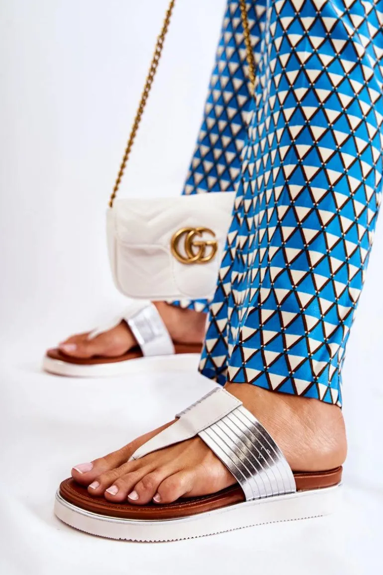 Damskie Klapki Japonki Na Platformie Biało-Srebrne Morissa